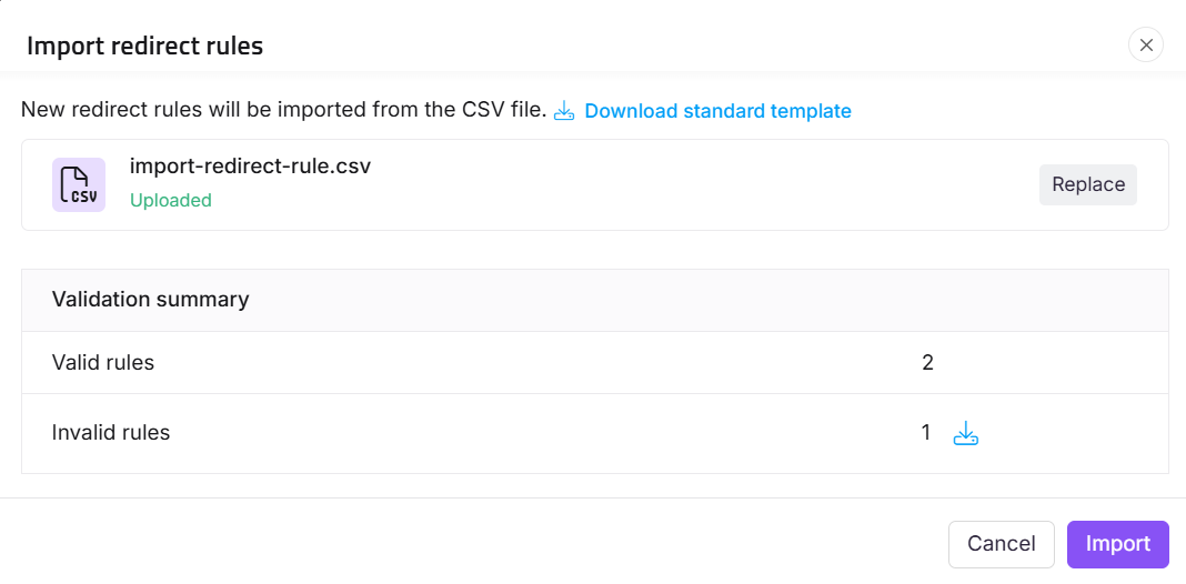 Importing redirect rules from a CSV file with validation summary details displayed.
