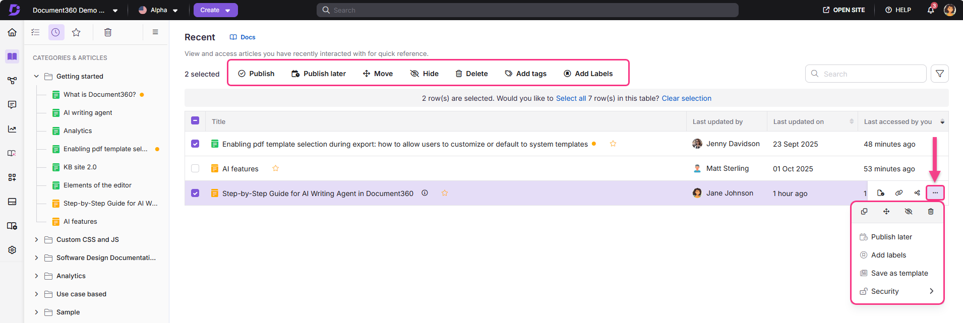 Document360 interface showing article management options and selected articles for action.