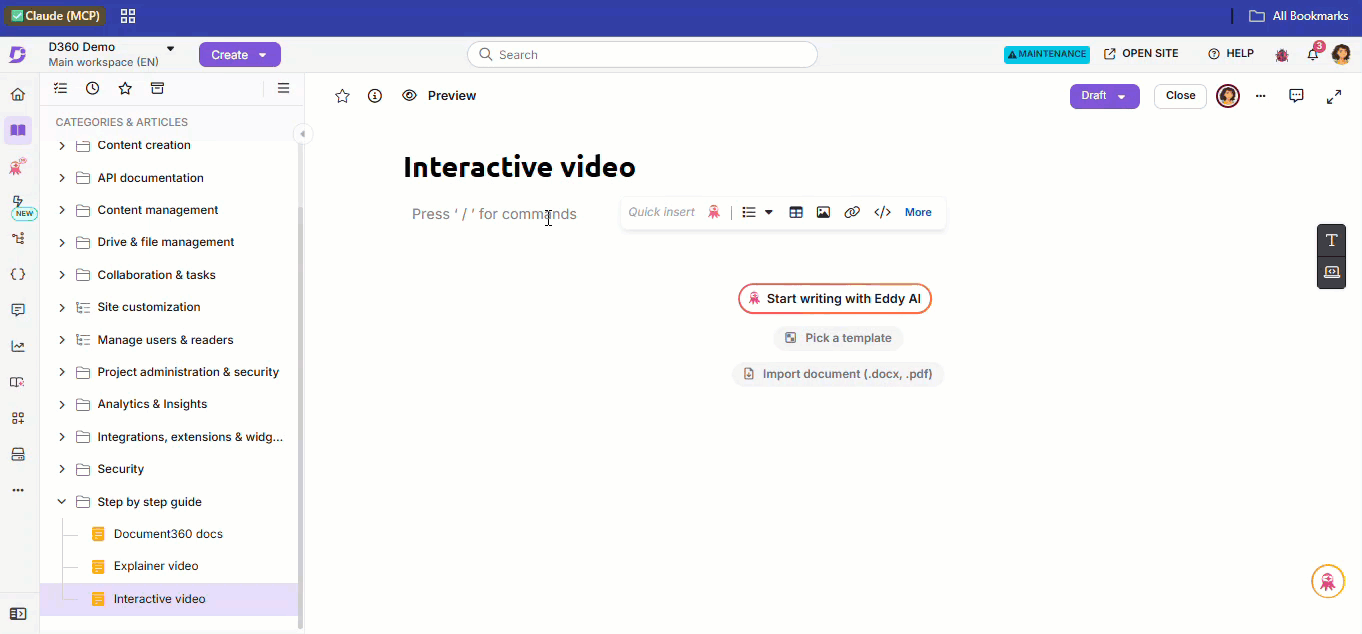 Creating an interactive video from the editor with the Slash command