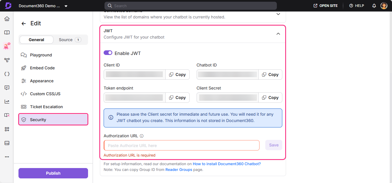 Configuration settings for JWT in Document360, highlighting required fields and save option.
