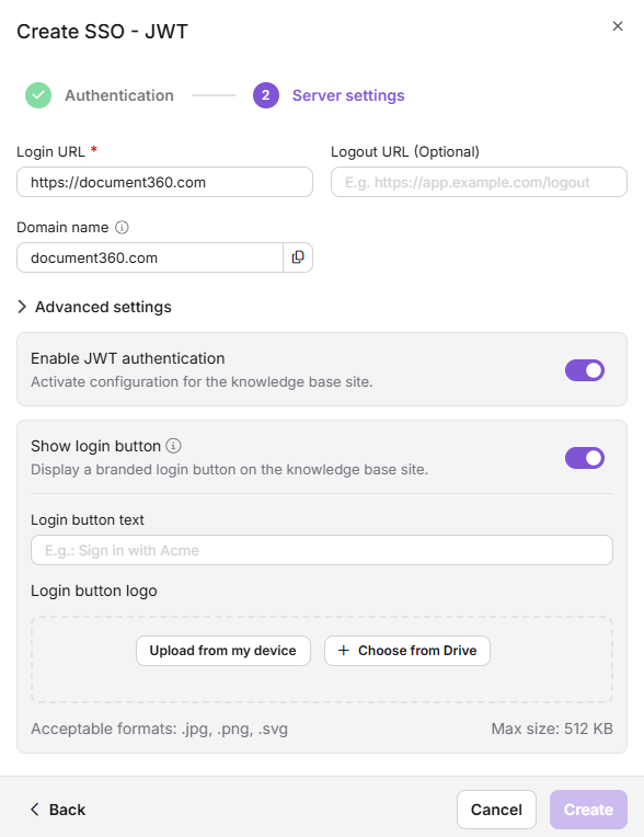 Create SSO - JWT modal, Authentication tab, in Document360.