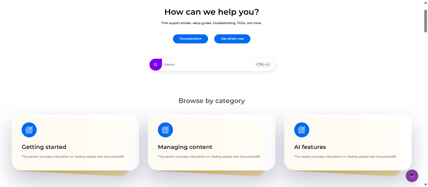 Knowledge base site showing the Knowledge base categories block with category cards displayed in a grid layout