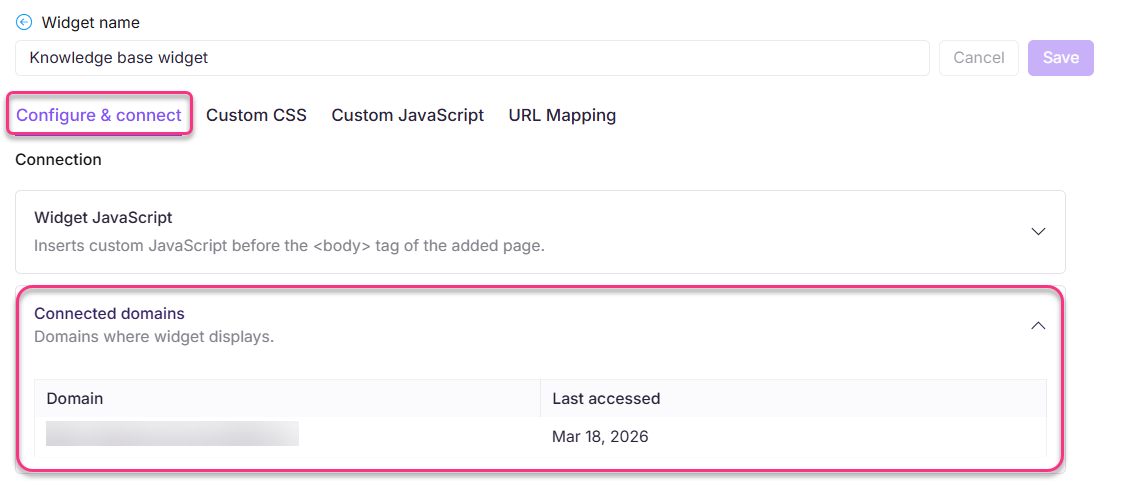 Configuration settings for a knowledge base widget, including connected domains and JavaScript.