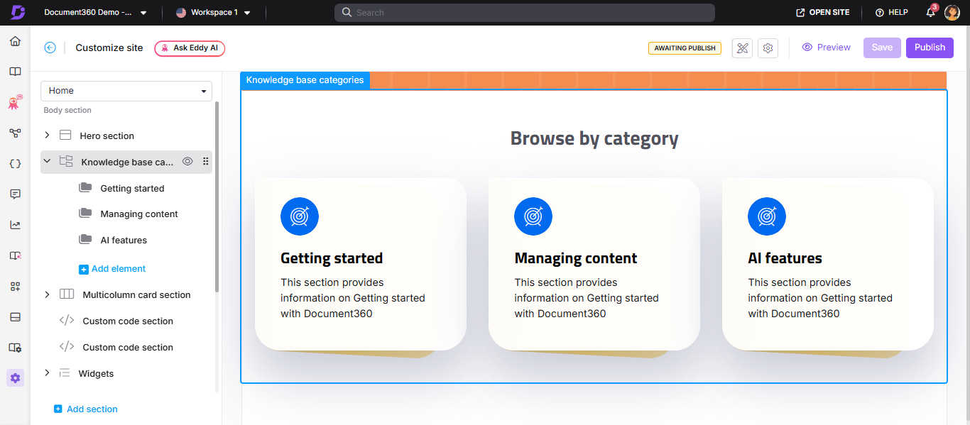 Home page builder showing a Knowledge base categories block with multiple category elements and reorder controls