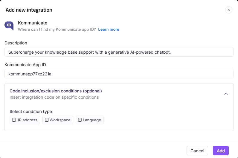 Integration setup for Kommunicate with app ID and condition type options displayed.