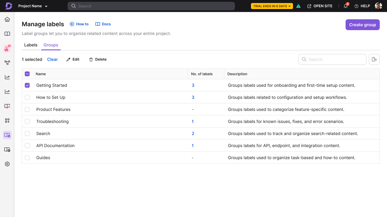 Label groups panel showing bulk actions