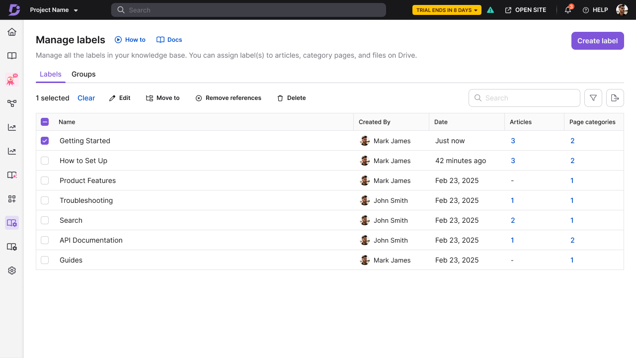 Manage labels page showing the Labels and Groups tabs with the bulk actions toolbar