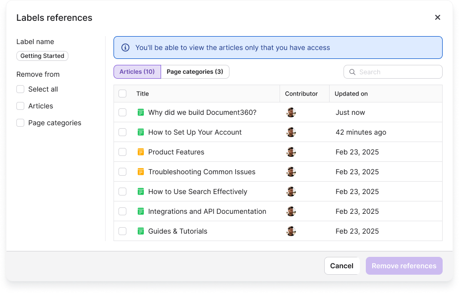 Label references panel showing the Articles and Page categories tabs with the Remove from options