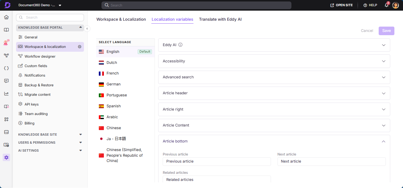Localization variables tab in Document360 showing language selection and accordion sections