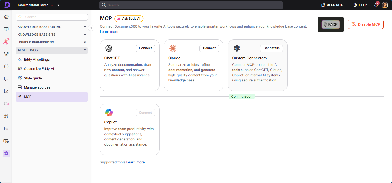 User interface showing AI settings with highlighted 'Get details' button for custom connectors.
