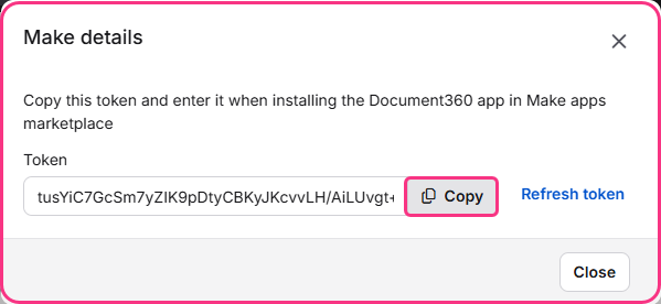 Instructions to copy a token for installing the Document360 app in Make marketplace.