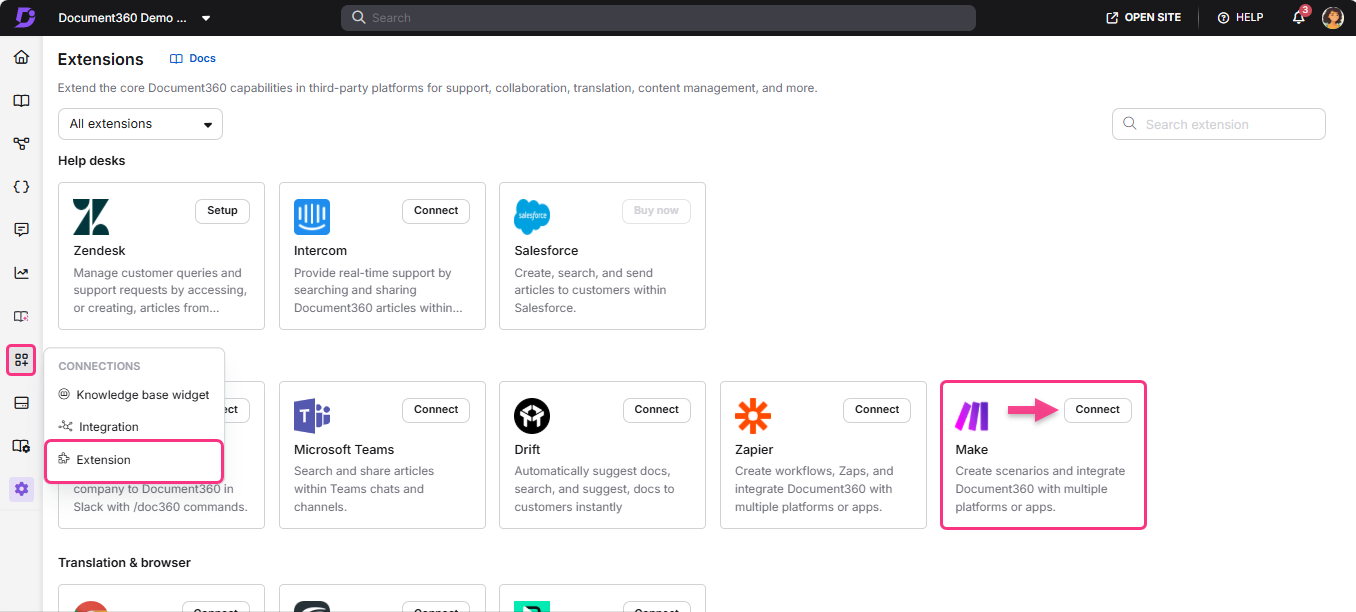 Document360 extensions page showing various integrations with highlighted 'Make' option.