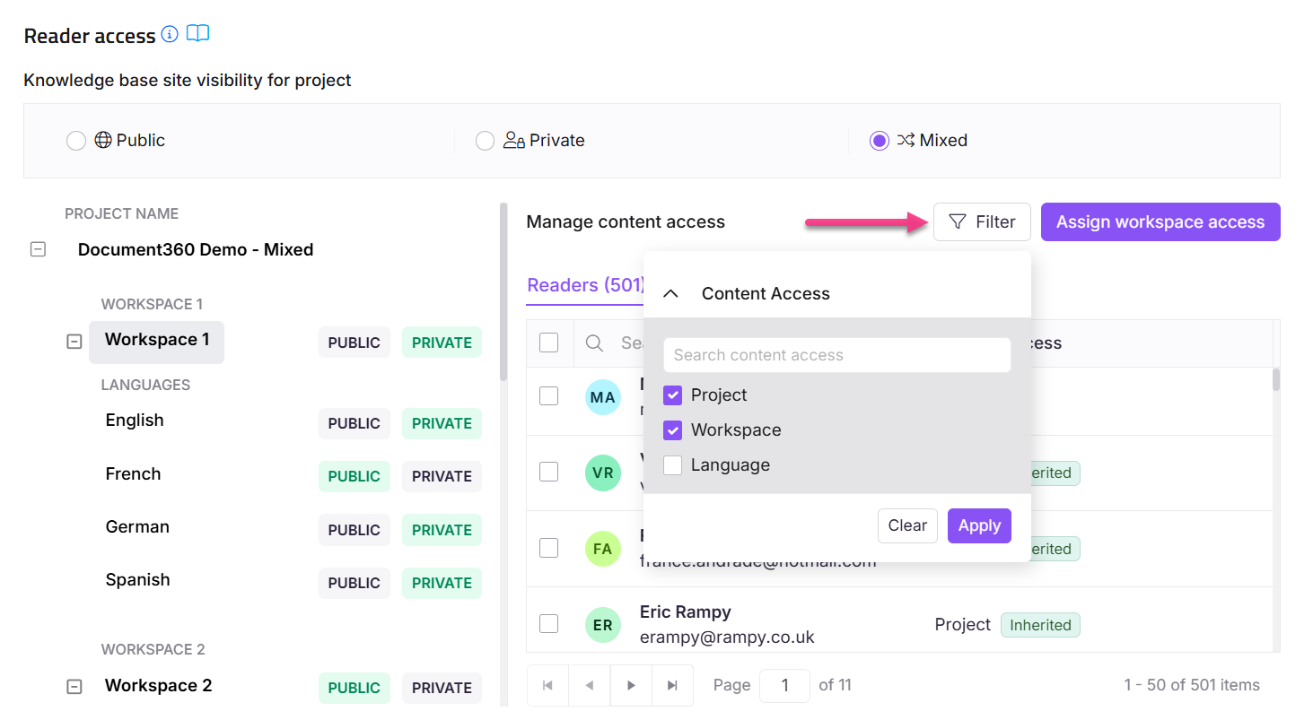 Manage reader access settings for projects, workspaces, and languages in Document360.