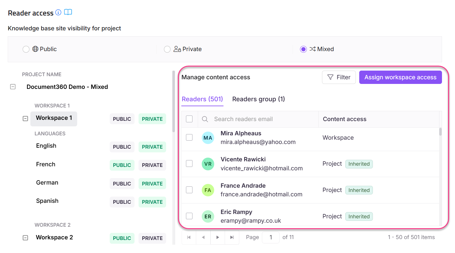 Manage reader access for Document360 project, showing workspace and language visibility options.