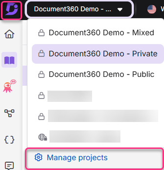 Top navigation bar showing the Document360 logo used to navigate to the Your projects page