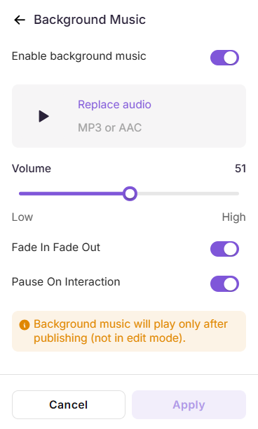 Settings for background music including volume control and audio replacement options.