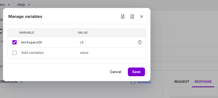 The Manage variables dialog showing variable name and value fields with an auto-added blank row.