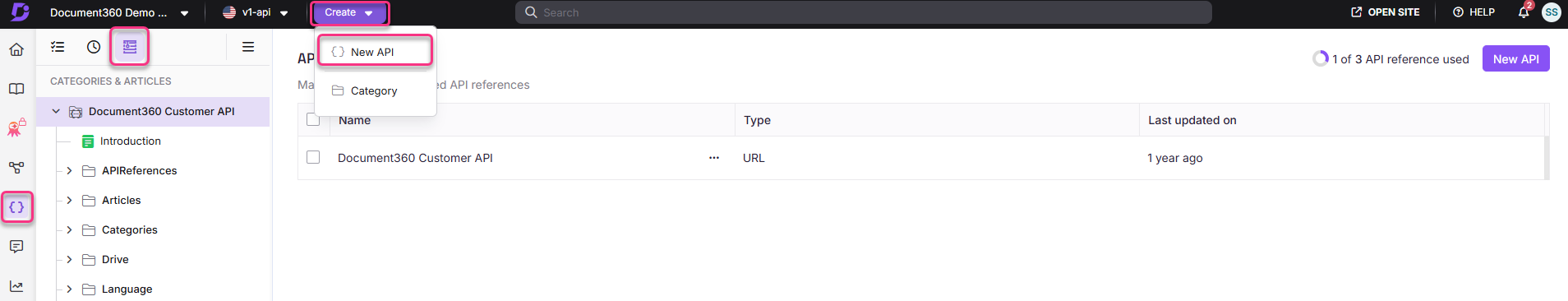 Creating a new API in Document360 with highlighted options and categories.