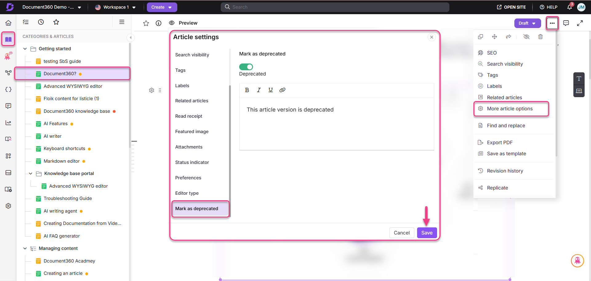 Settings menu for marking an article as deprecated in Document360 interface.