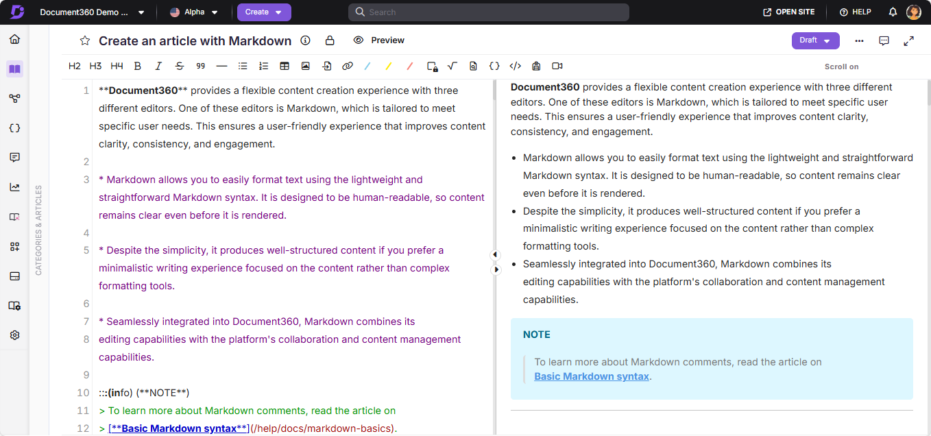 Document360 interface showcasing Markdown editor features and content creation capabilities.