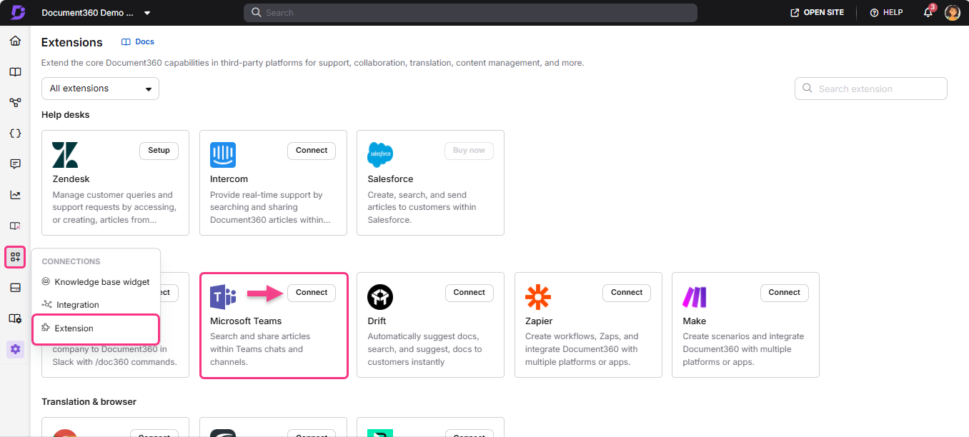 Document360 extensions page showcasing Microsoft Teams integration and other support options.