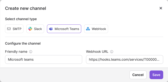 Configuration settings for Microsoft Teams webhook integration with a save option highlighted.