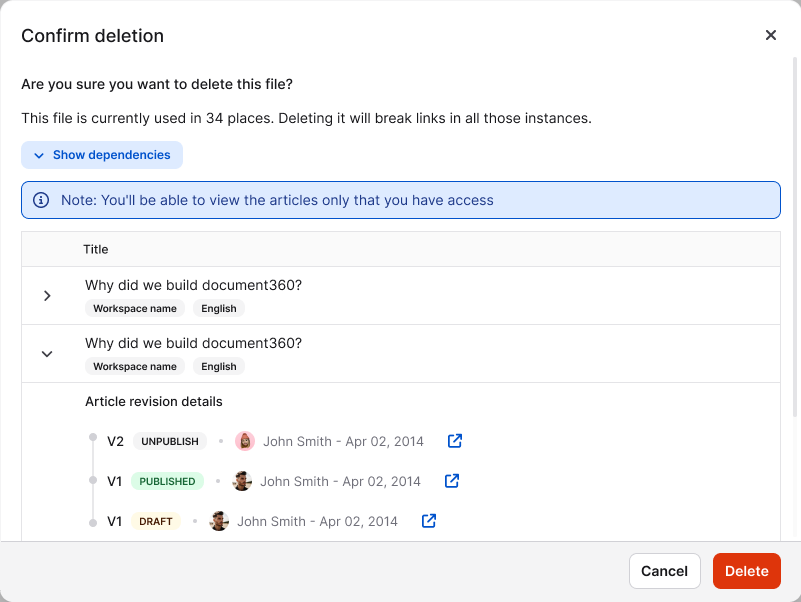 Confirm deletion dialog showing that the item is used in other places, with the Show dependencies link