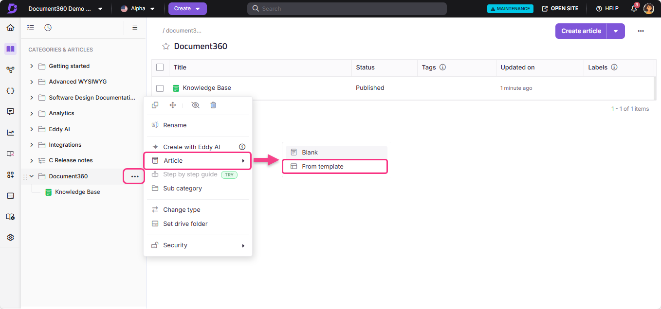 Document360 interface showing options to create an article from a template.