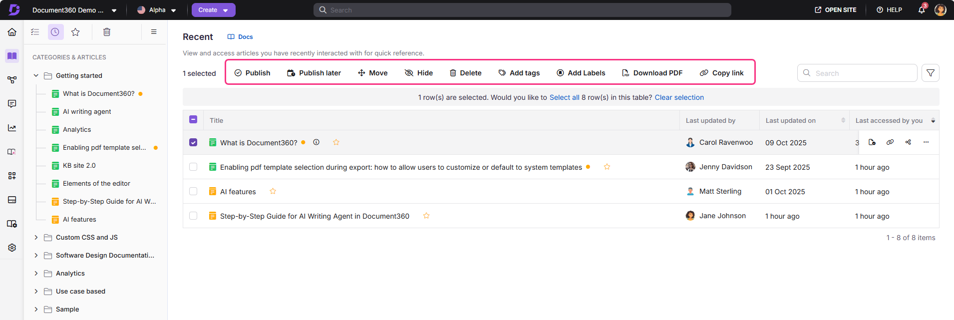 Document360 interface showing recent articles with options to publish and manage content.