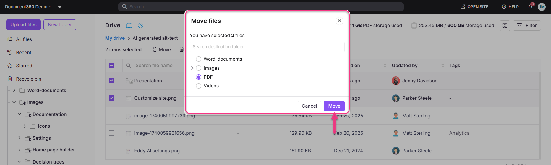 File management interface showing selected files and options to move them to folders.