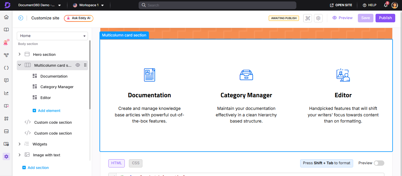Home page builder showing a Multicolumn card section with three column elements and reorder/hide controls