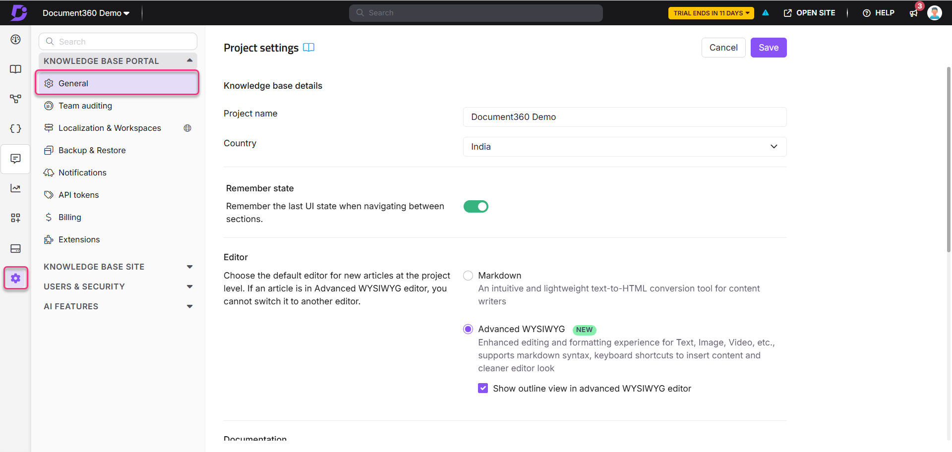 Project settings interface showing options for knowledge base details and editor selection.