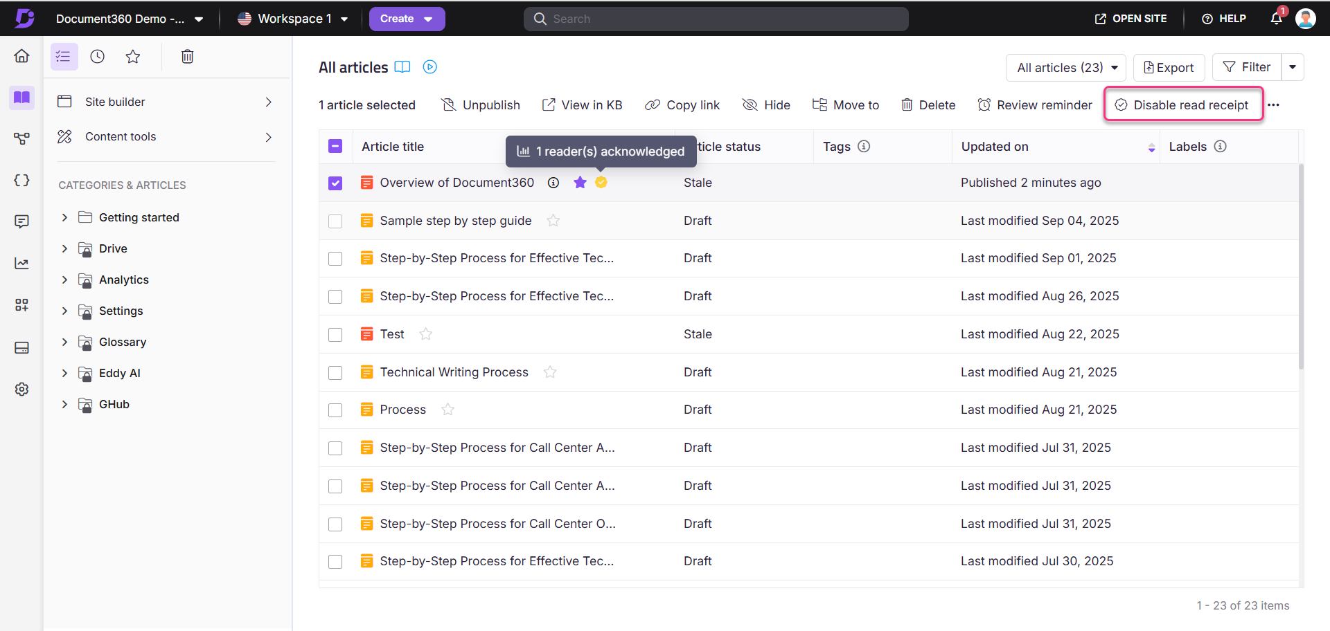 Document360 interface displaying articles with statuses and options for managing content.