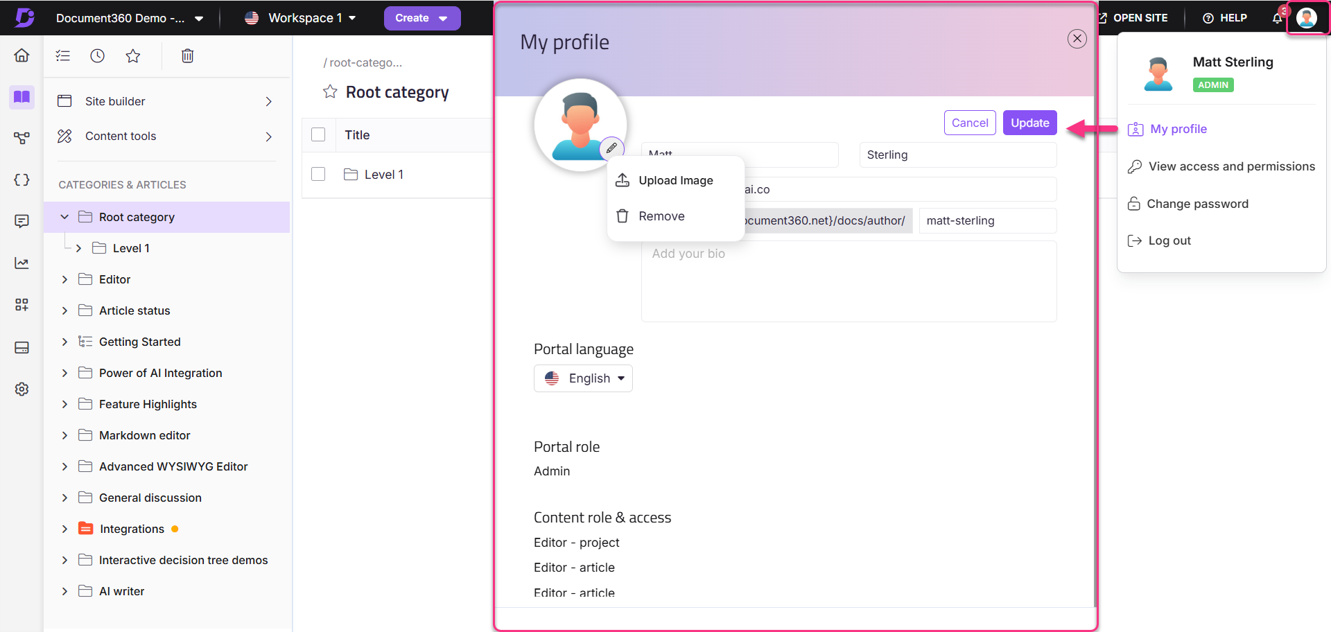 User profile settings with options to update image, language, and access roles.