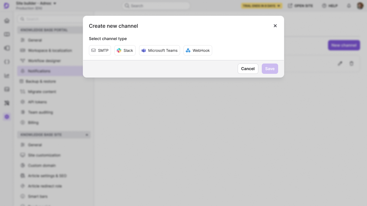 Document360 Notification channels tab showing the New channel button.