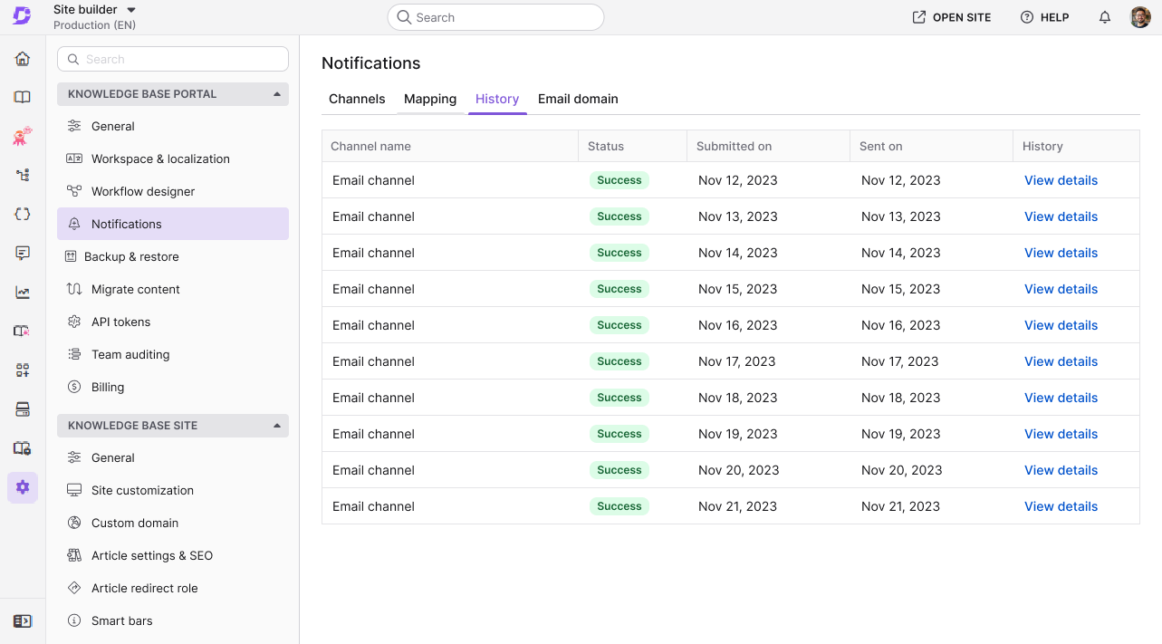 Overview of notification history with details on submission and status for email channels.