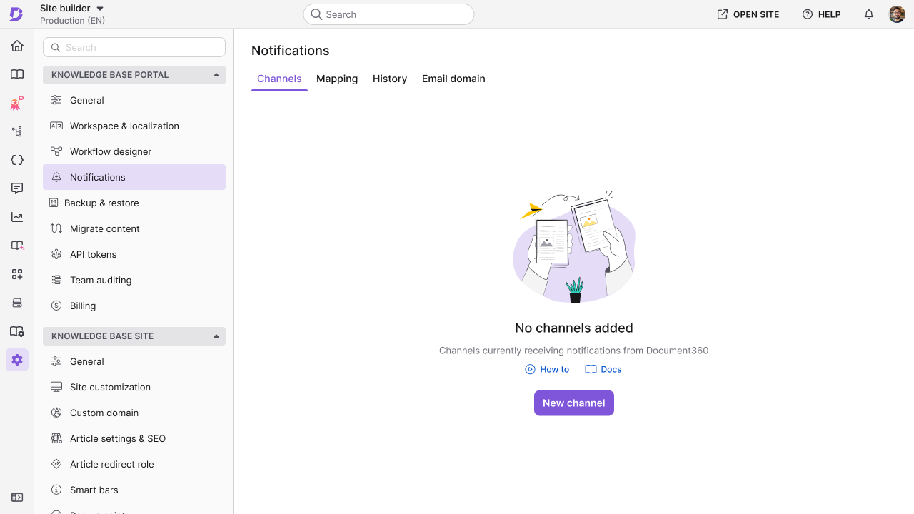 Channels tab under Settings > Knowledge base portal > Notifications, listing the notification channels added to the project.