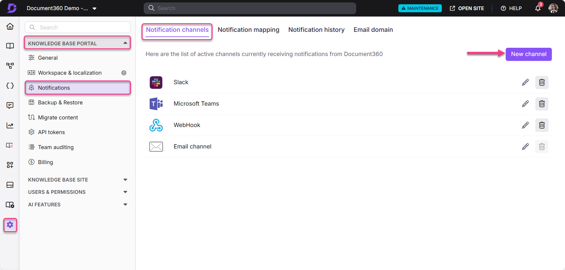 Document360 interface showing notification channels and options for adding new channels.