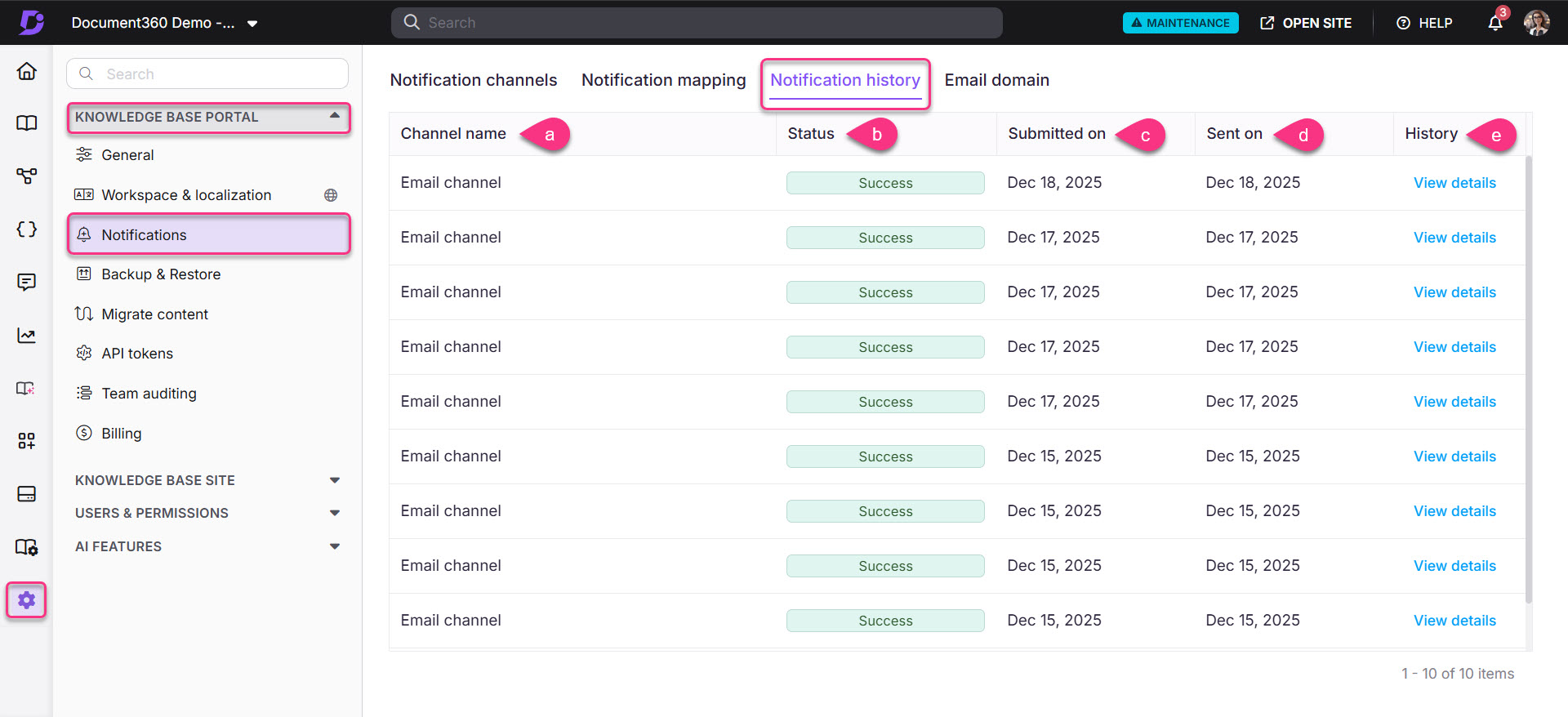 Overview of notification history with details on submission and status for email channels.