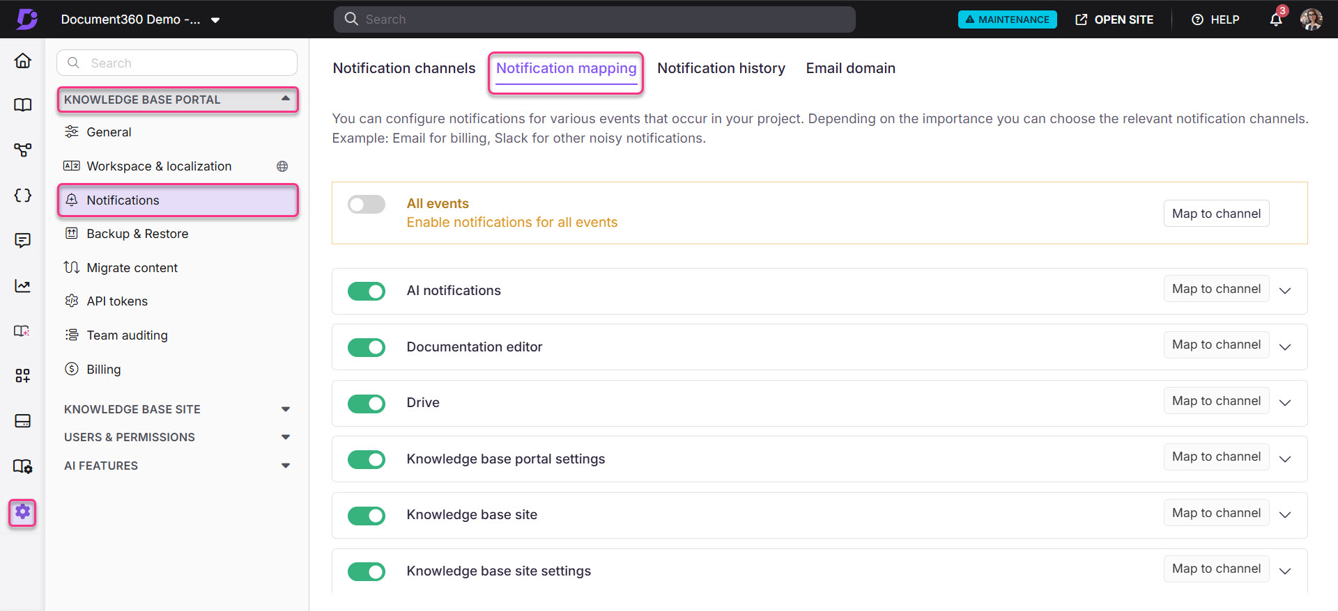 Settings for notification channels in the Document360 knowledge base portal interface.