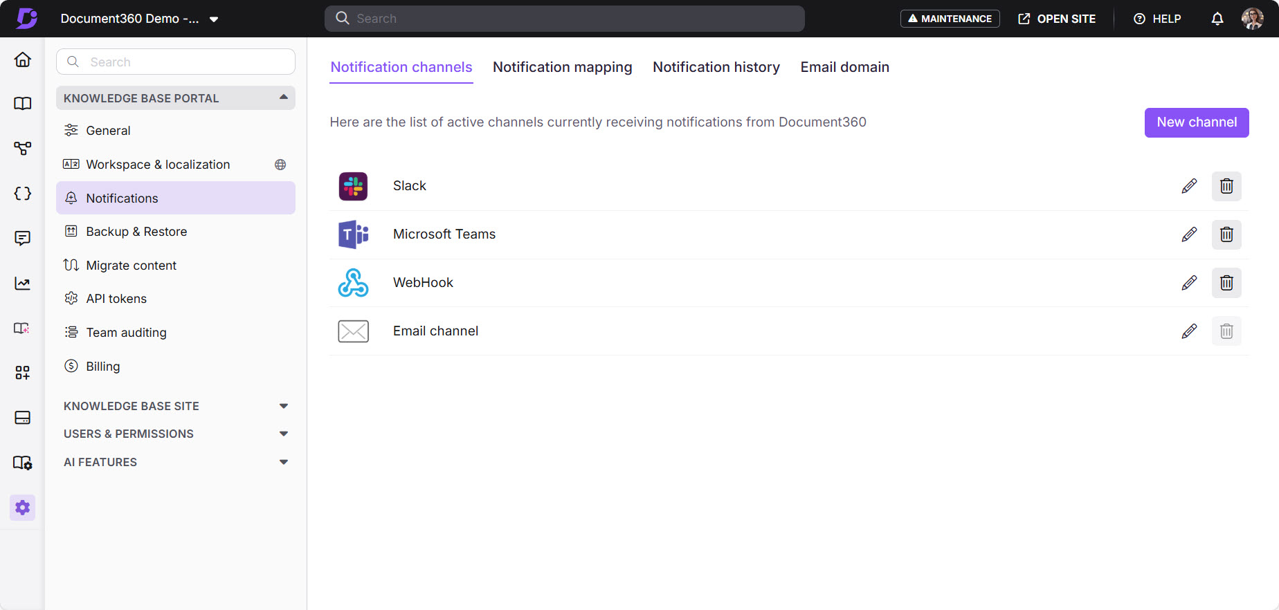 List of notification channels in Document360 including Slack, Teams, and Email.