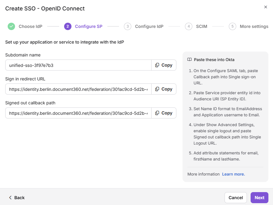Configuration settings for OpenID in the Okta application setup process.