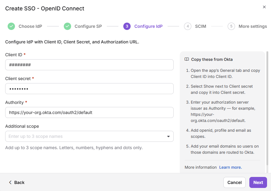 Configure the Identity Provider page for OpenID Connect in Document360.