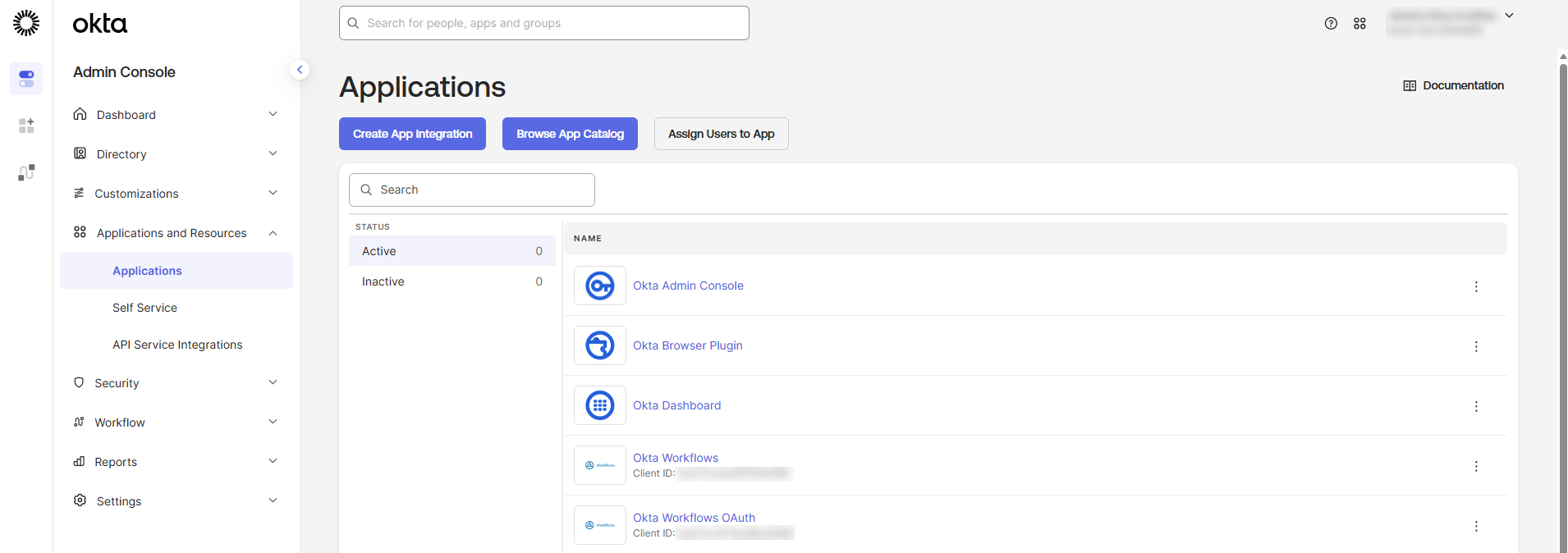 The Applications page in the Okta Admin Console, reached from Applications and Resources in the left navigation