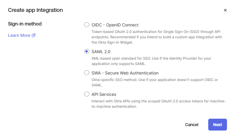 The Create a new app integration dialog in Okta with SAML 2.0 selected as the sign-in method
