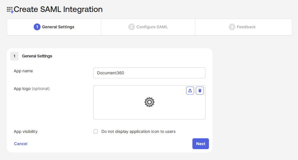 The General Settings tab in Okta with the App name field filled in