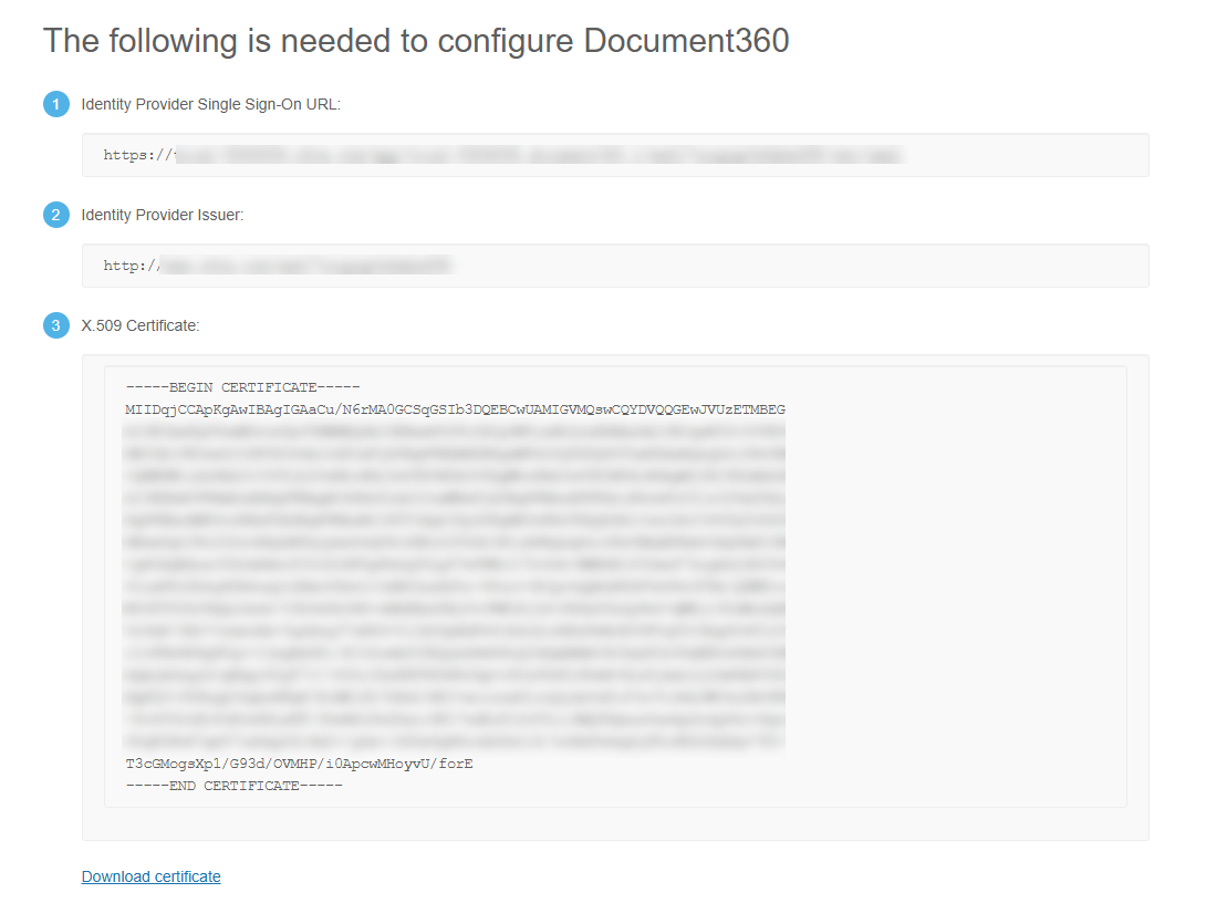 The Okta SAML setup instructions page showing the Identity Provider Single Sign-On URL, Identity Provider Issuer, and X.509 certificate