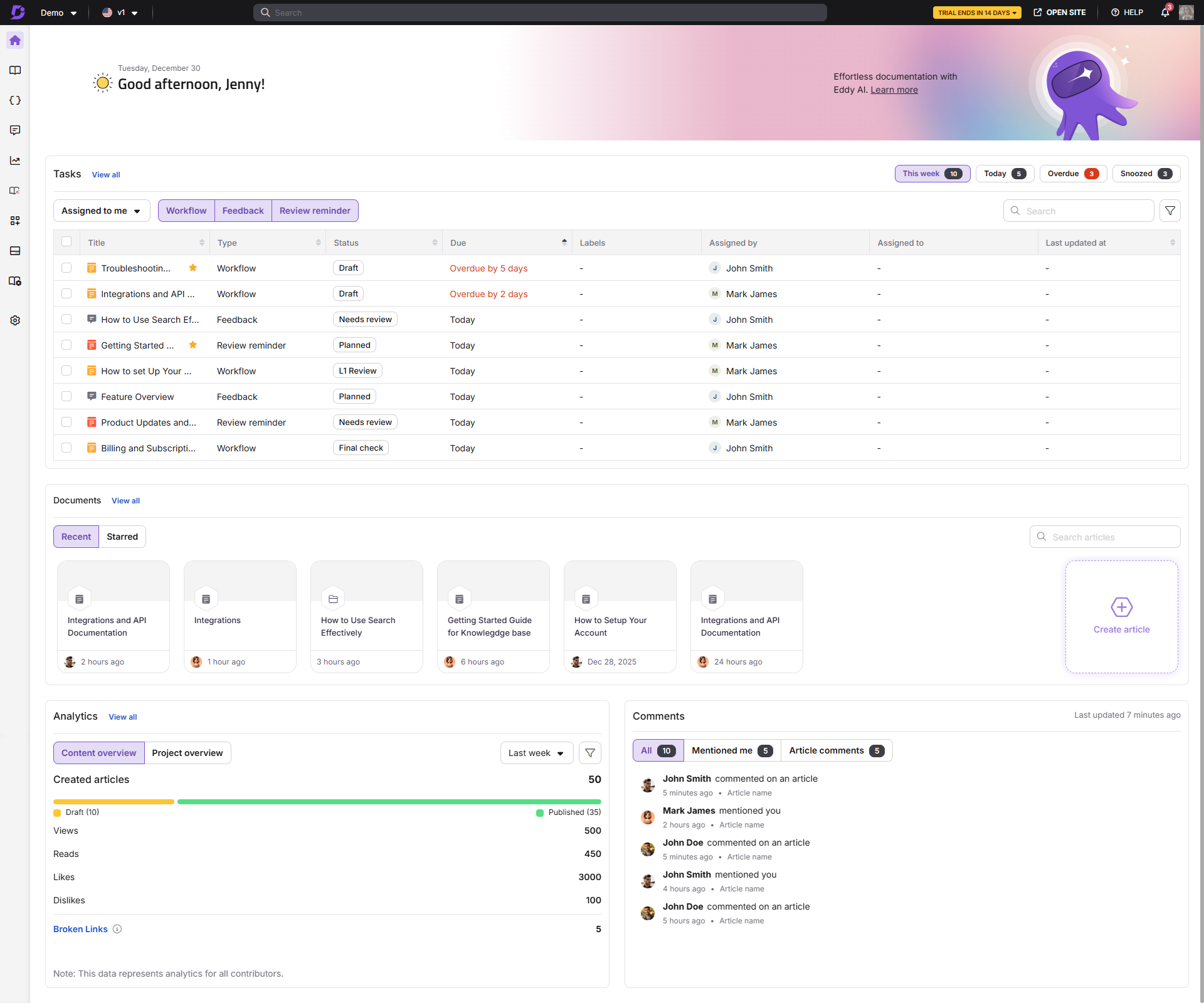 Task management interface showing assigned tasks, deadlines, and analytics overview.