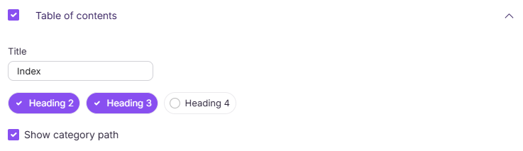 Settings for table of contents with options for headings and category path display.