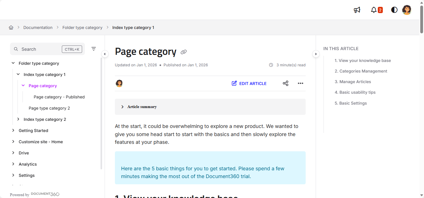 Documentation interface showing page category and article summary with navigation options.